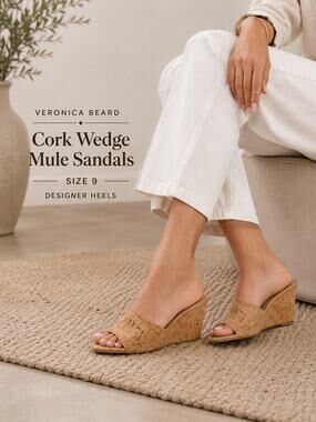 Veronica Beard Cork Wedge Mule Sandals Size 9 Designer Neutral Heels